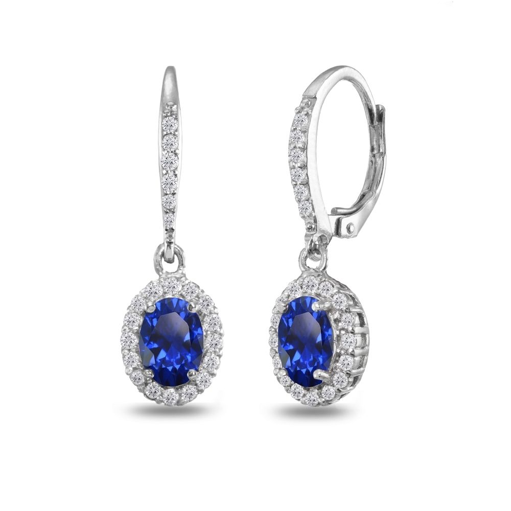 Oval Halo erstellt blaue Saphir & weiße Topaz Dangle Ohrringe in 925 Silber