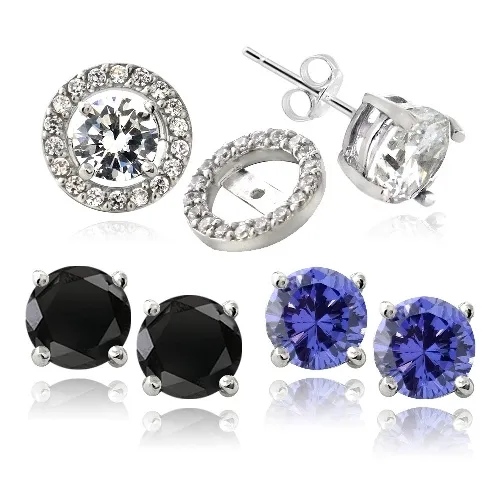 Sterling Silber Schwarz, Clear & Violet CZ Stud Set von 3 mit Halo CZ Ohrring Jacke