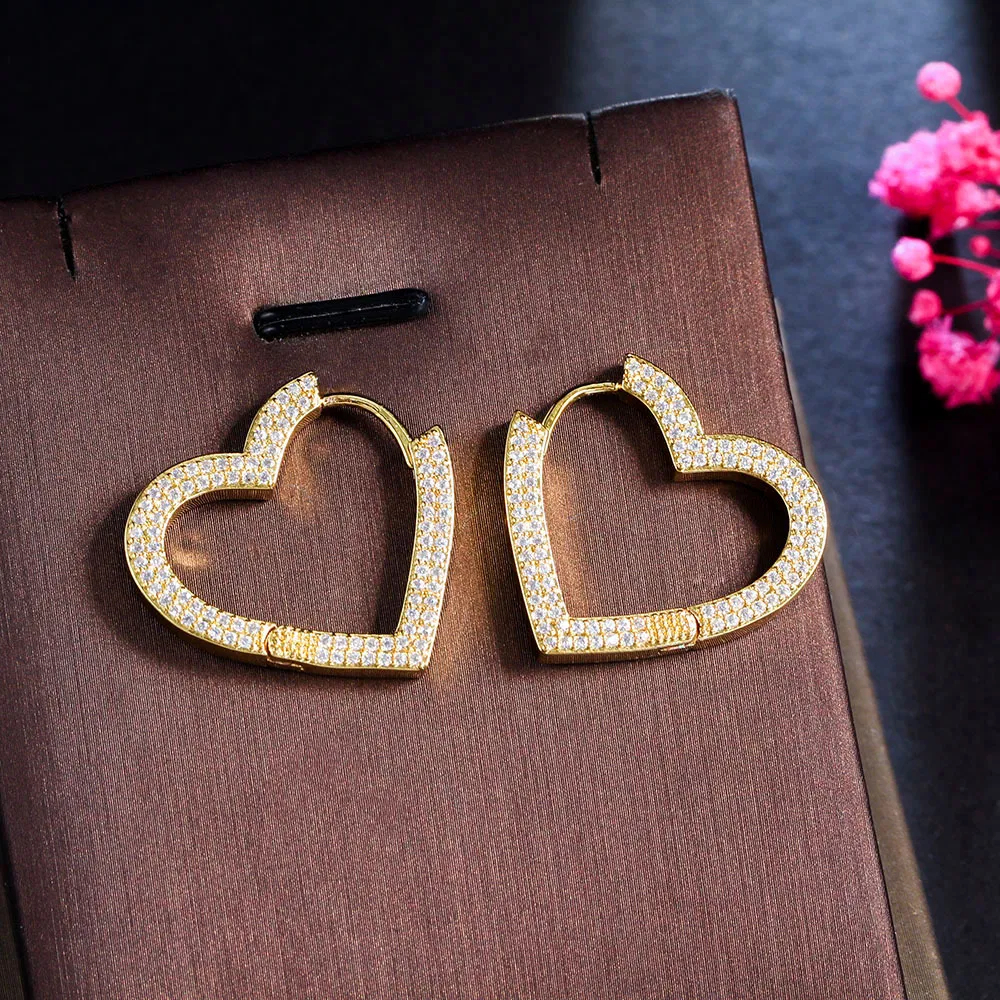 Zircon Inset Liebe Ohrringe geometrisches Herz Brass Gold Plated Ohrring Ohr Accessoires