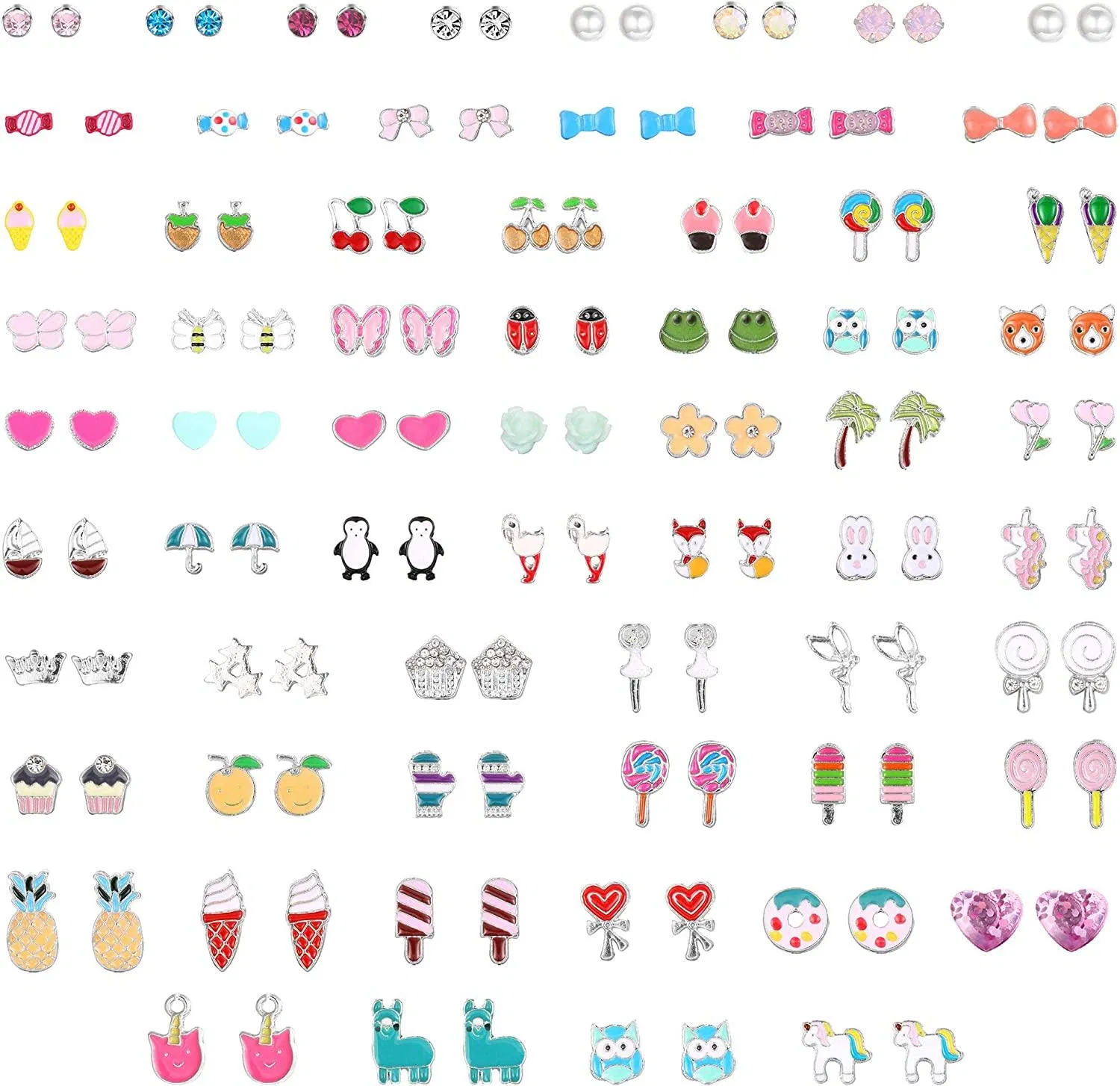 64 Paare gemischte Farbe Stud Ohrringe Set für Teenager Mädchen Frauen kleine süße Tiere Fuchs Pferd Blume Herz Stern Ladybug Biene Frosch Baum Regenschirm Perle CZ winzige Stud Ohrringe Geschenk