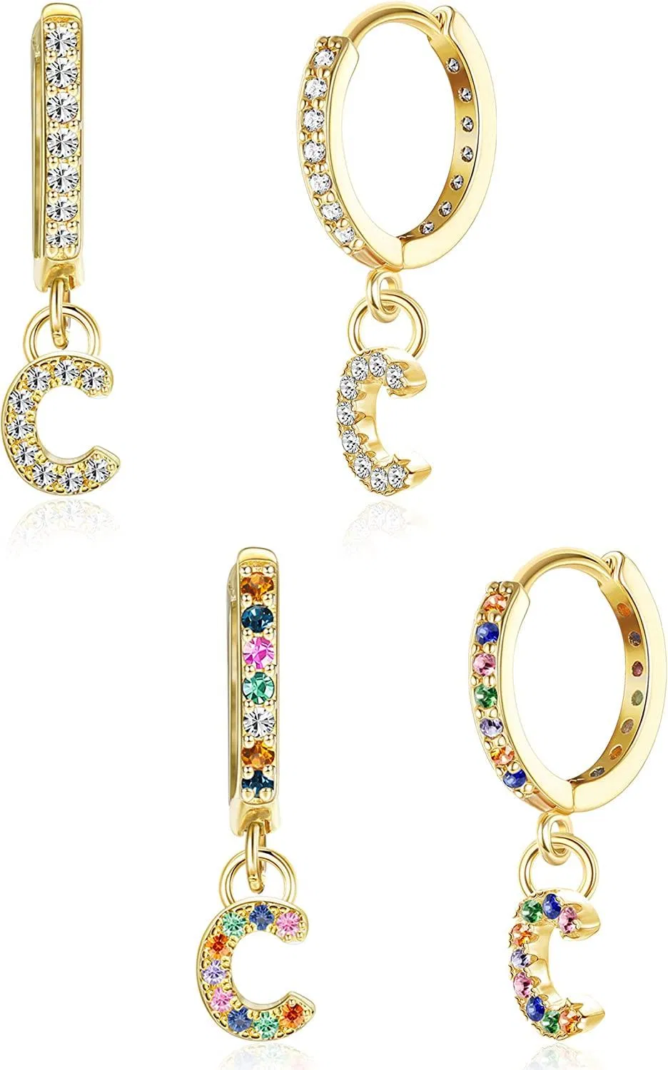 2 Paare 14 - Karat-Gold - Plated Initial Dangle Hoop Ohrringe für Frauen Kubik Zirkonia Huggie Hoop Ohrringe mit Alphabet-Buchstaben Charms