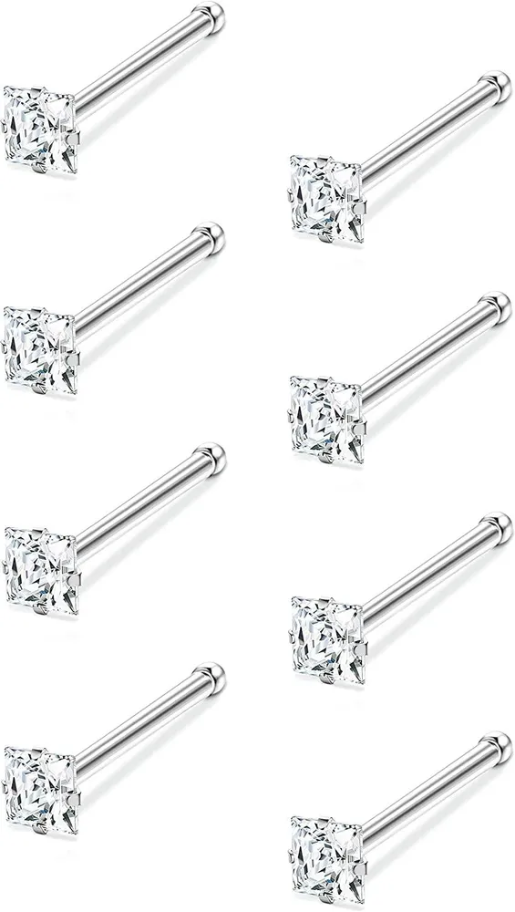 22G 925 Sterling Silber Quadrat CZ Nasenringe Stud für Frauen Männer Nasen Piercing 8pcs Tiny Nose Stud Set 1.5mm 2mm 2.5mm 3mm Cubic Zirkonia