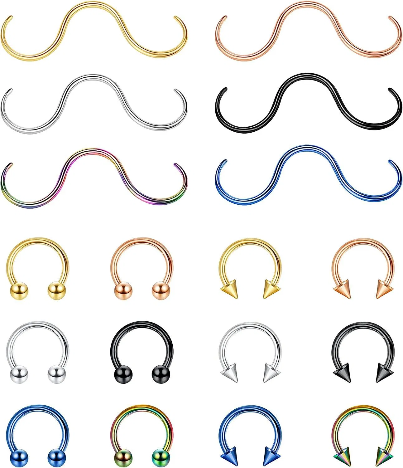 18PCS Septum Ringe für Frauen Männer 316L Edelfeisen Lippen Knorpel Helix Tragus Ohrring Hoop Nasenringe Schnurrbart Design Septum Piercing Schmuck