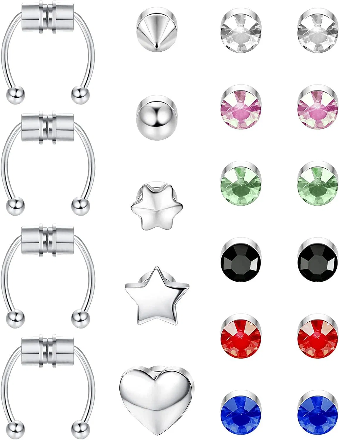 21Pcs Magnetic Septum Nose Ring Horseshoe Fake Nose Ring Hoop Edelstahl Non-Piercing Clip auf CZ Ohrringe Magnetische Stud Ohrringe für Frauen Männer