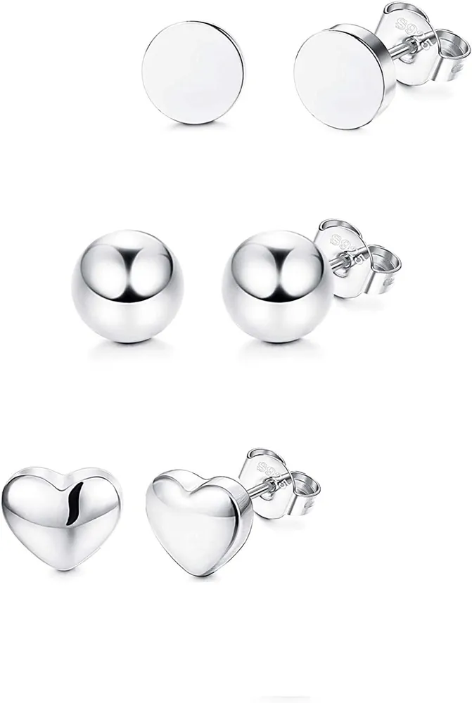 3 Paare 925 Sterling Sliver Ohrringe winzige Stud Ohrringe für Kinder Frauen Mädchen Dot Ball Stud Ohrringe Herz rund minimalist kleine Ohrringe
