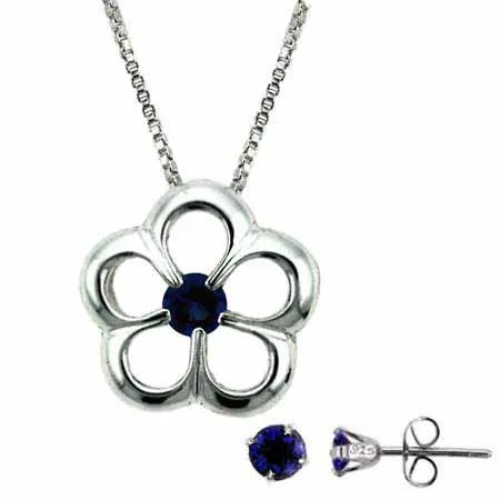 Sterling Silber Tanzanit CZ Blumen Halskette & Stud Ohrringe Set