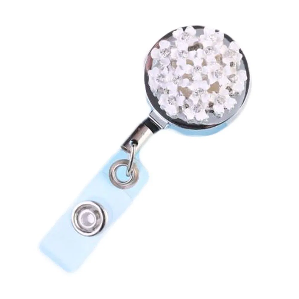 Weiß Babysbreath Rückziehbares Abzeichen Clip Metall Rhinestone Perlen ID-Karte Abzeichen Halter für Büroarbeiter Lehrer Studenten