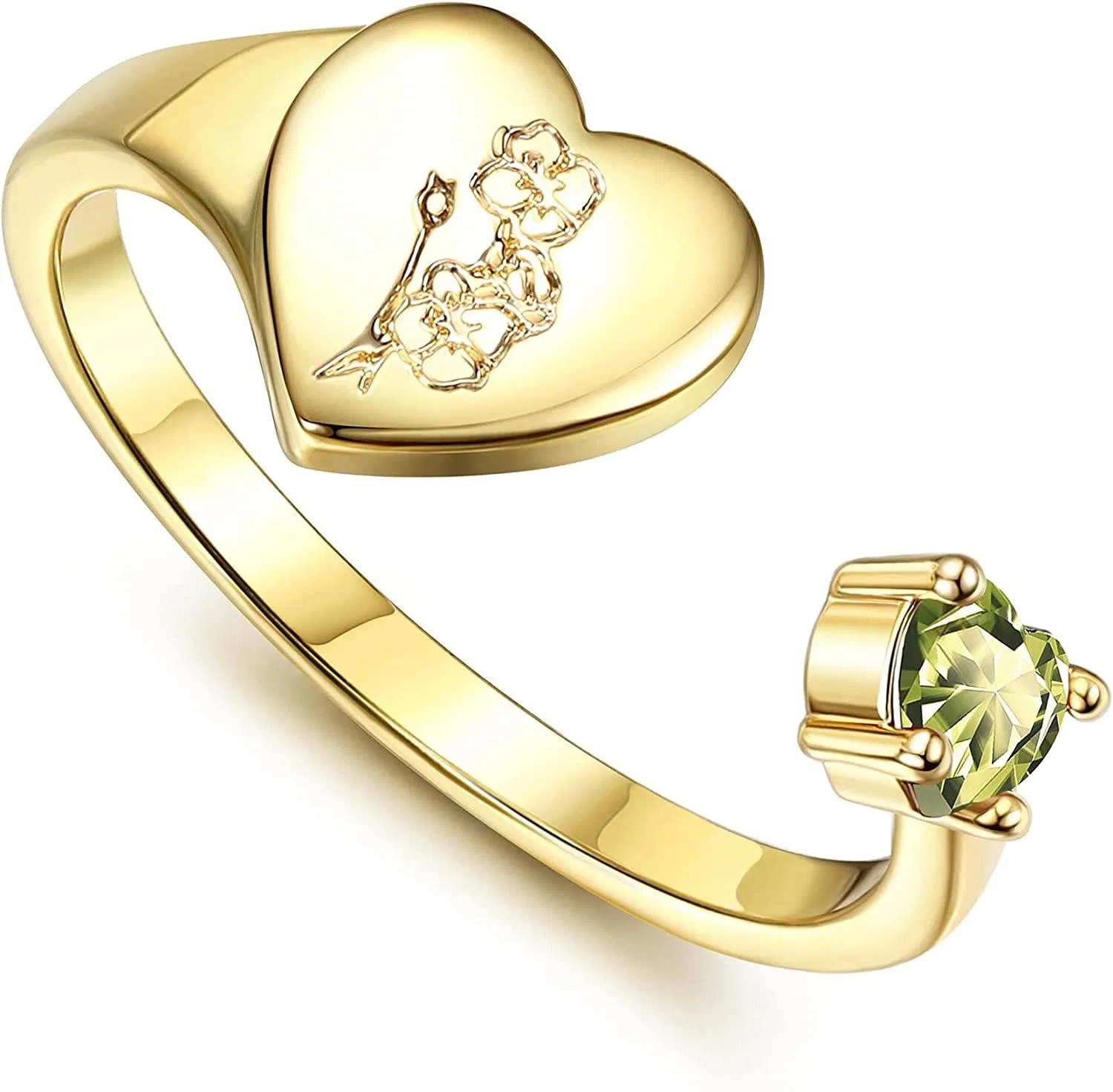 18 Karat Gold Plated Herz Geburtsstein Ringe für Frauen Egirls mit Geburtsblume Signet Ring Handgemacht Offener einstellbarer Ring Größe 7
