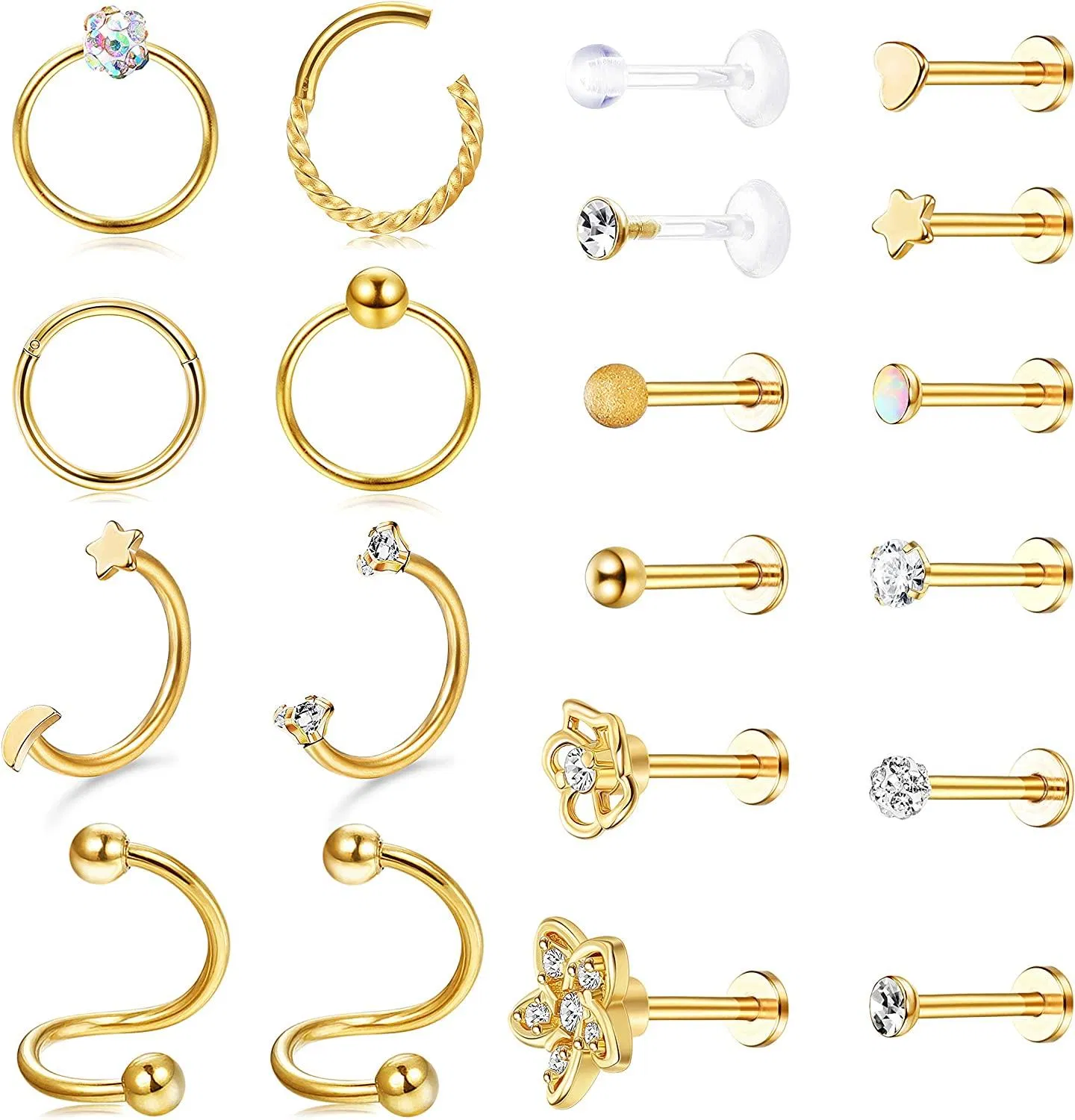 20Pcs 16G Tragus Ohrringe Studs Edelstick Lippenringe Labret Studs Knorpel Helix Ohrring CZ Kugeln Blume Nasenring Medusa Monroe Piercing für Frauen Männer