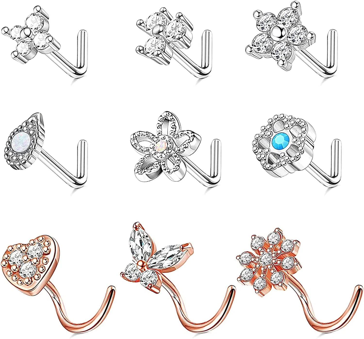 9pcs 20G Nasenringe Stud L-geformte Nasenringe Schraube Nasenringe Edelstick-Pin Gerade Nasenringe Studs Cubic Zirkonia Schmetterling Blumen Nasen Piercing Ring Set