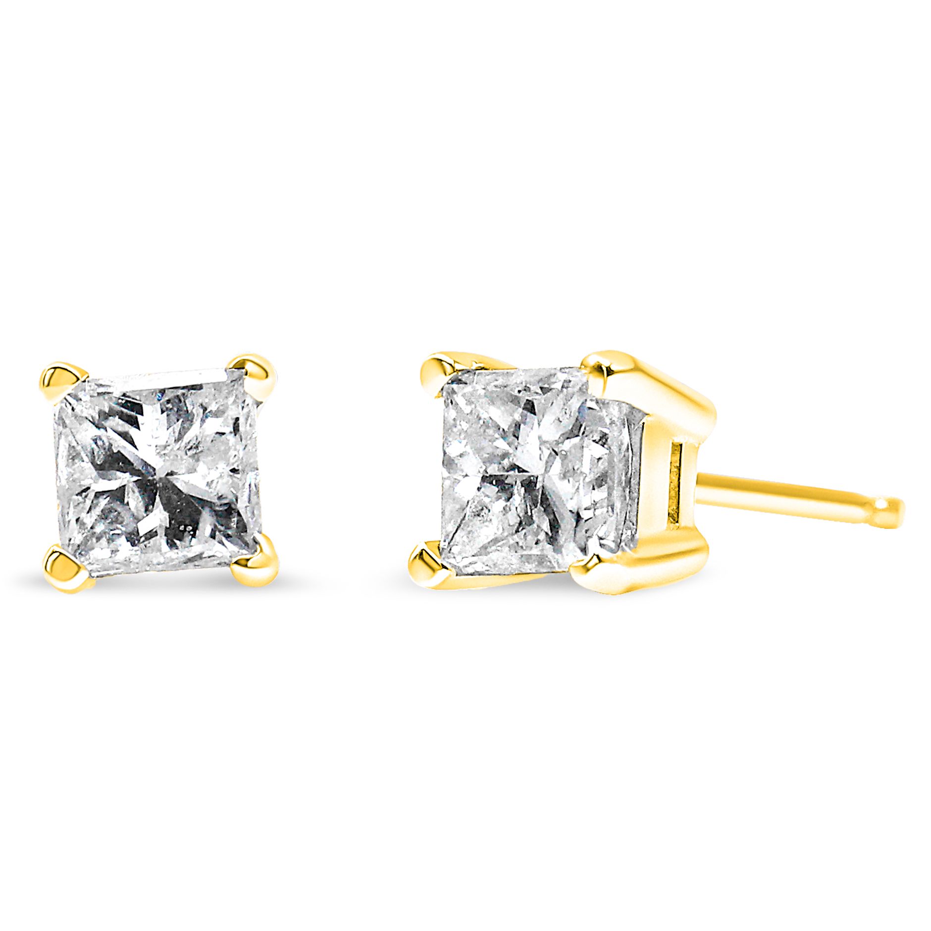 10 Karat Gelbgold 3/4 Cttw Prinzessin-Cut Quadrat in der Nähe von farblosen Diamanten Classic 4 - Zänge Solitaire Stud Ohrringe (J-K - Farbe, I2 - I3 Klarheit)