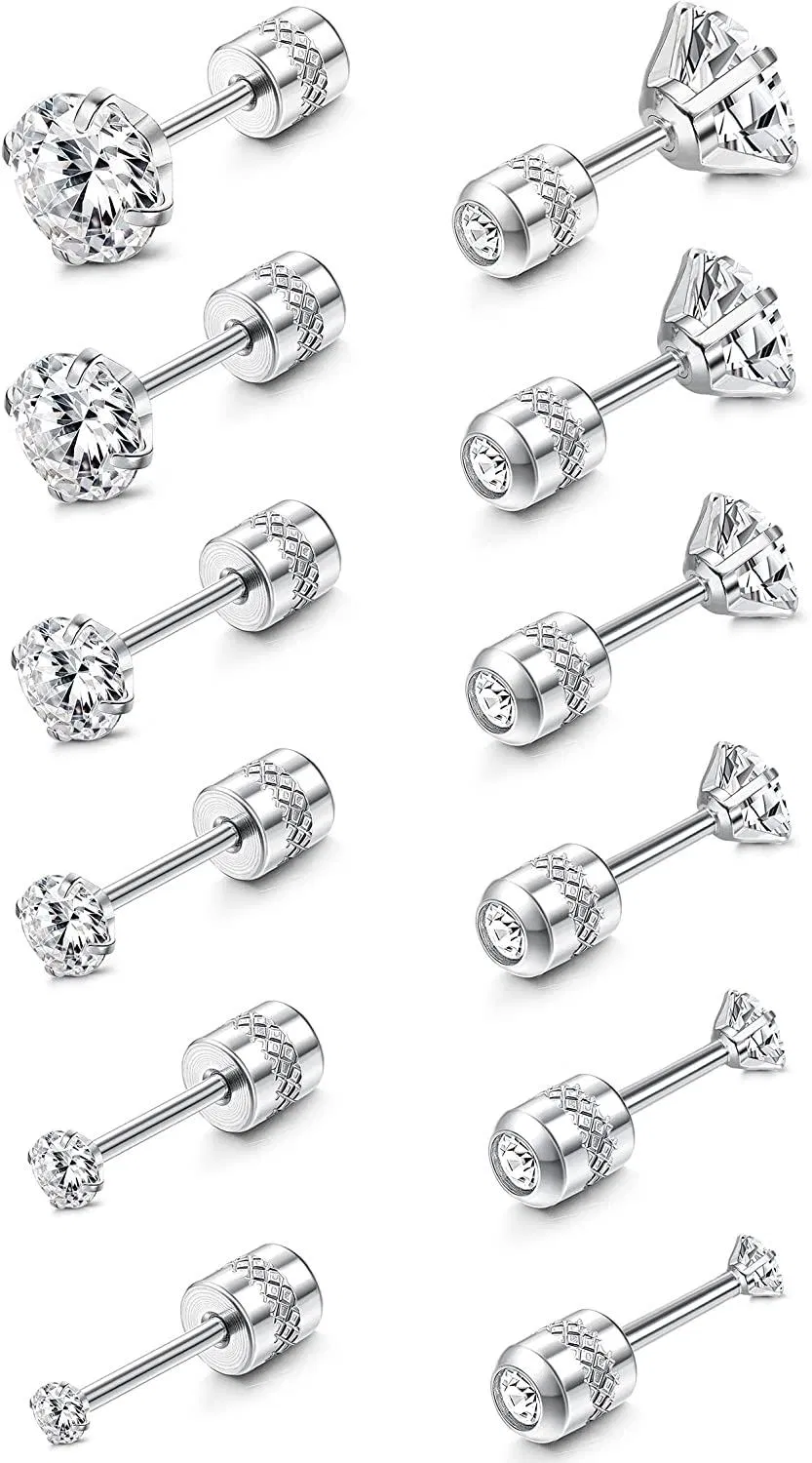 6 Paare Stud Ohrringe für Frauen Männer Edelstahl Doppel Runde Kubik Zirkonia CZ Ohrringe Schraube Rücken 2 - 7MM