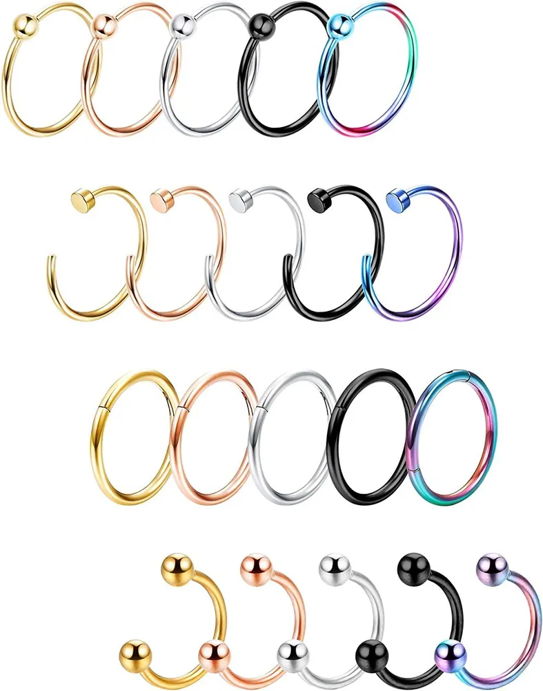 20pcs Edelstahl Nasenring Schleife für Männer Frauen Knorpelschleife Ohrringe Helix Septum Muschel Daith Lippen Tragus Piercing Set