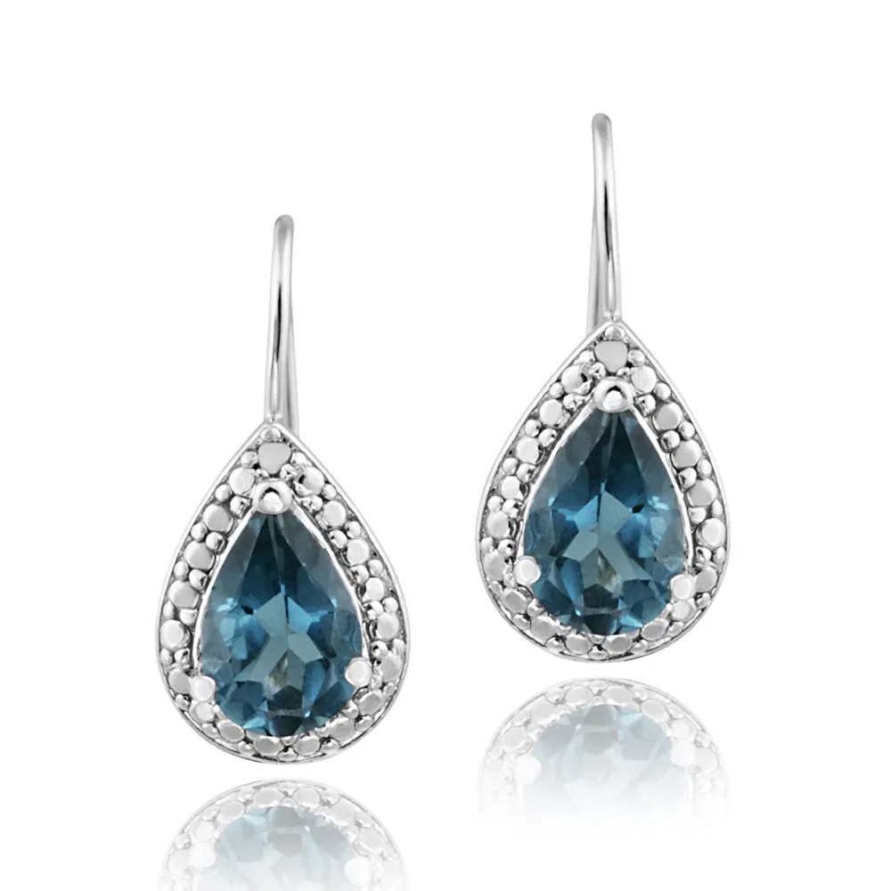 Sterling Silver 3ct London Blue Topaz & Diamond Accent Teardrop Leverback Ohrringe
