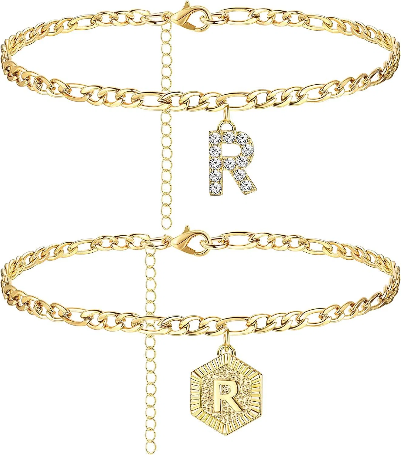 Anfängliche Knöchel-Armbänder für Frauen; Edelstahl-Schicht Figaro-Kettenbrief Anfängliche Knöchel-Armbänder mit Buchstaben-Alphabet für Frauen Mädchen (2Pcs)