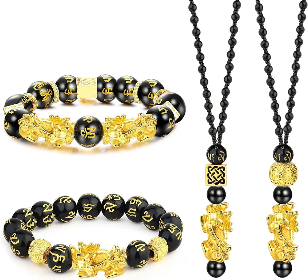 Feng Shui Obsidian Reichtum Armband Halskette für Männer Frauen; Pixiu Glück Armband Halskette Perlen Drachen Armband für Paar; 2pcs Armbänder 2pcs Halskette