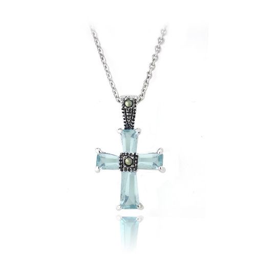 Sterling Silber Aquamarine CZ & Marcasit Kreuz Halskette