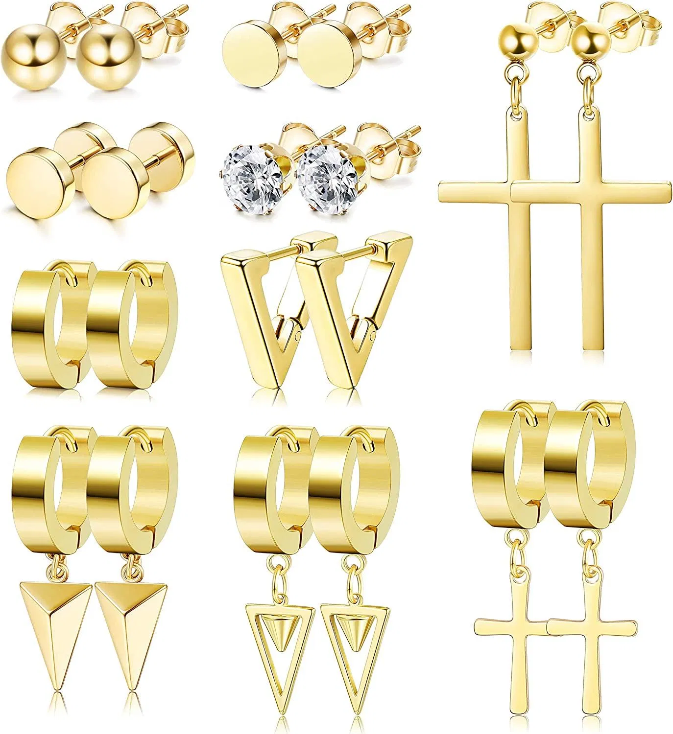 10 Paare Edelstahl-Staple - Ohrringe Set für Männer Kreuzdreieck Dangle Ohrringe Scharnier-Hoop - Ohrringe Punk