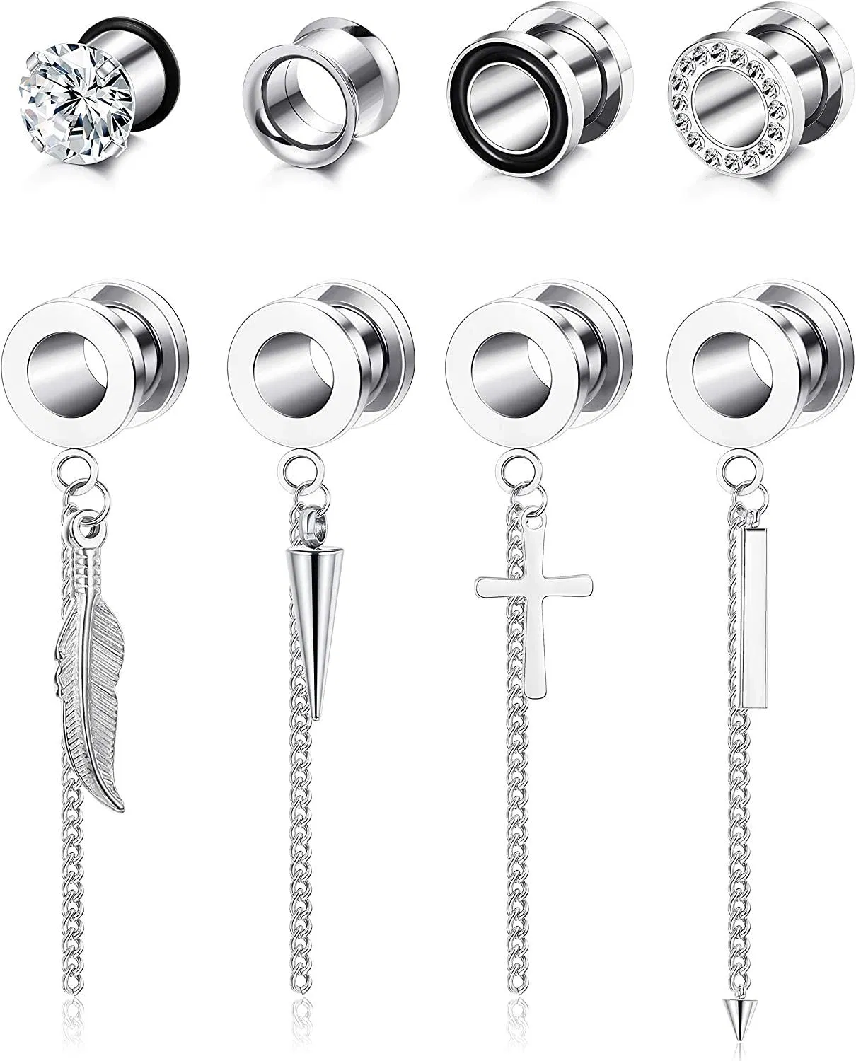 8pcs Ohrmessgeräte Stretching Kit Edelstahl Kreuz-Form Dangle Tunnel Stecker Drop Ohrringe Ohrmessgeräte Expander Set Körper Piercing Schmuck