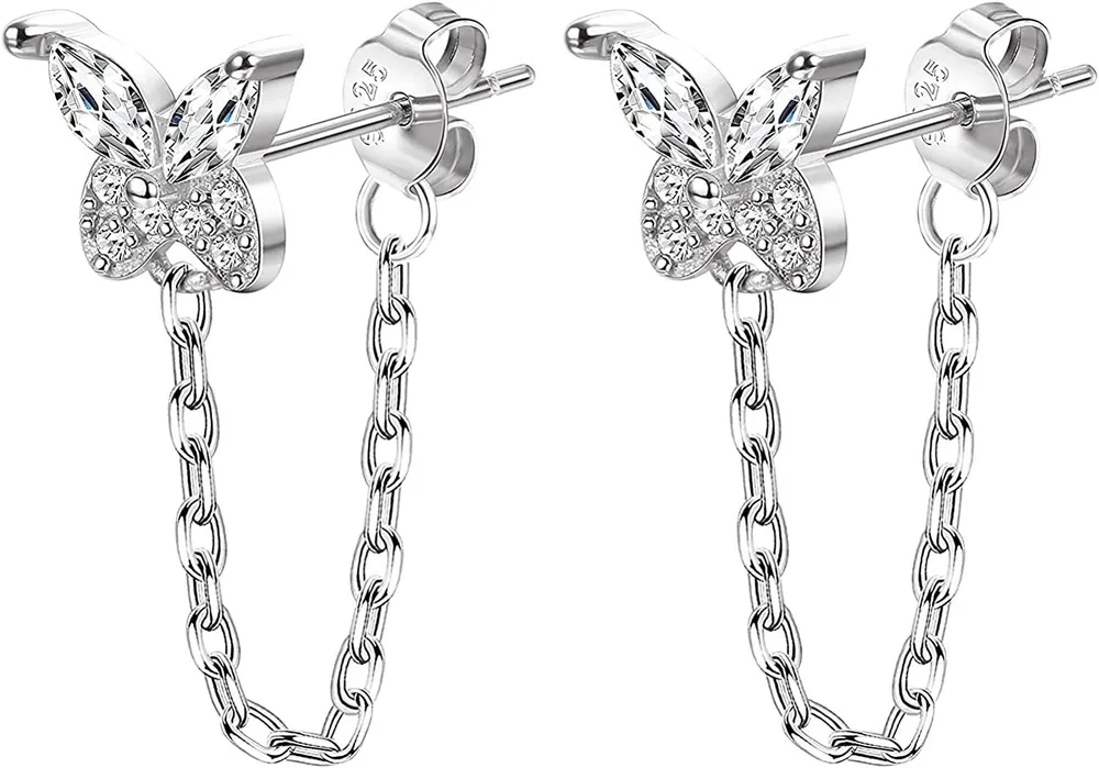 9ct Gold 925 Sterling Silber Stud Ohrringe Bar Schmetterlingsherz Mondblume Cz Blitz Kette Stud Ohrringe Drop Dangle kleine Kette Stud Ohrringe für Frauen Mädchen
