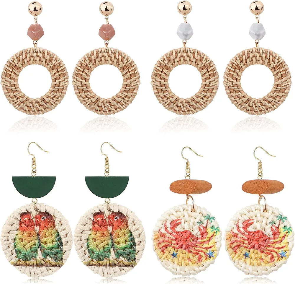 4 Pairs Handgemachte Rattan Dangle Ohrringe für Frauen Leichtgewicht Tiere Druck Statement Hoop Ohrringe Set