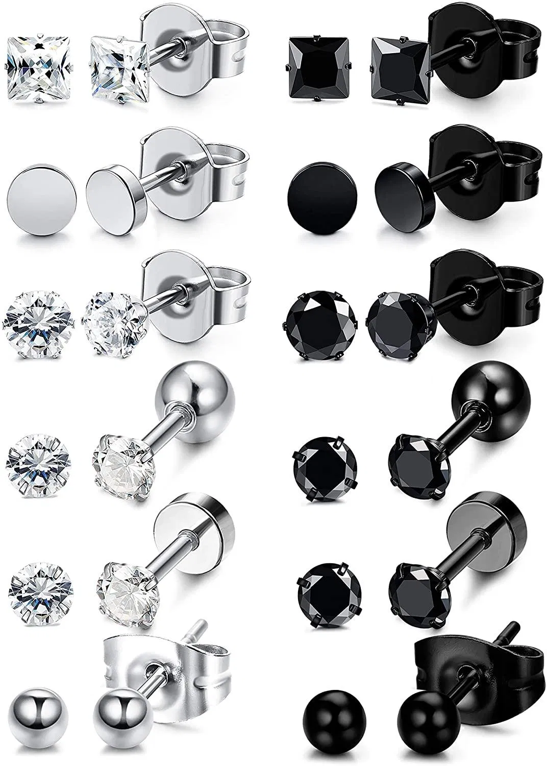 12 Paare Edelstahl Schwarz-Weiß - Stud-Ohrringe für Männer Frauen Cool CZ Ohr Piercing Ohrring Schmuck 3 - 8mm