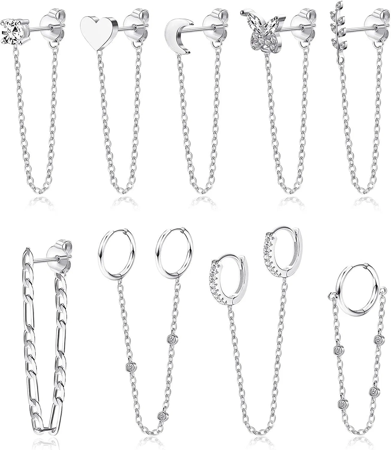 9pcs Kette Ohrringe für Frauen Kette Stud Ohrringe Kette Hoop Ohrringe CZ Dangle Ohrringe Doppel Huggie Hoop Ketten Ohrringe Piercing Schmuck