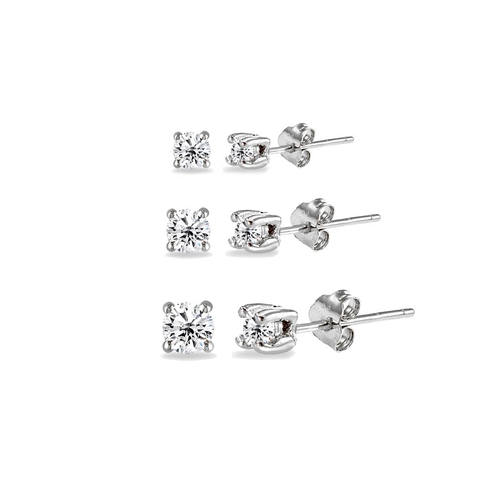 3 Pair Set Round Cubic Zirkonia Stud Ohrringe in 925 Silber, 2mm 3mm 4mm