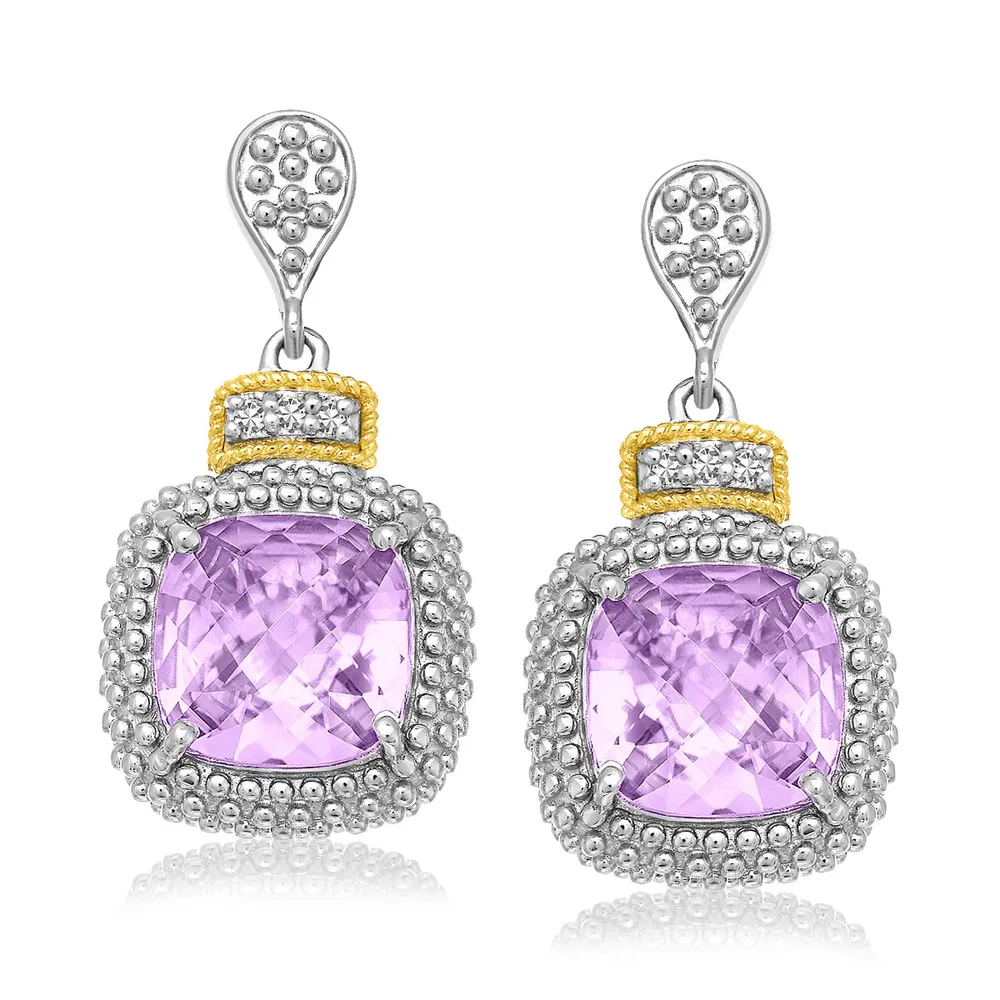 18 Karat Gelbgold & Sterling Silber Kissen Amethyst & Diamant Ohrringe (.05cttw)