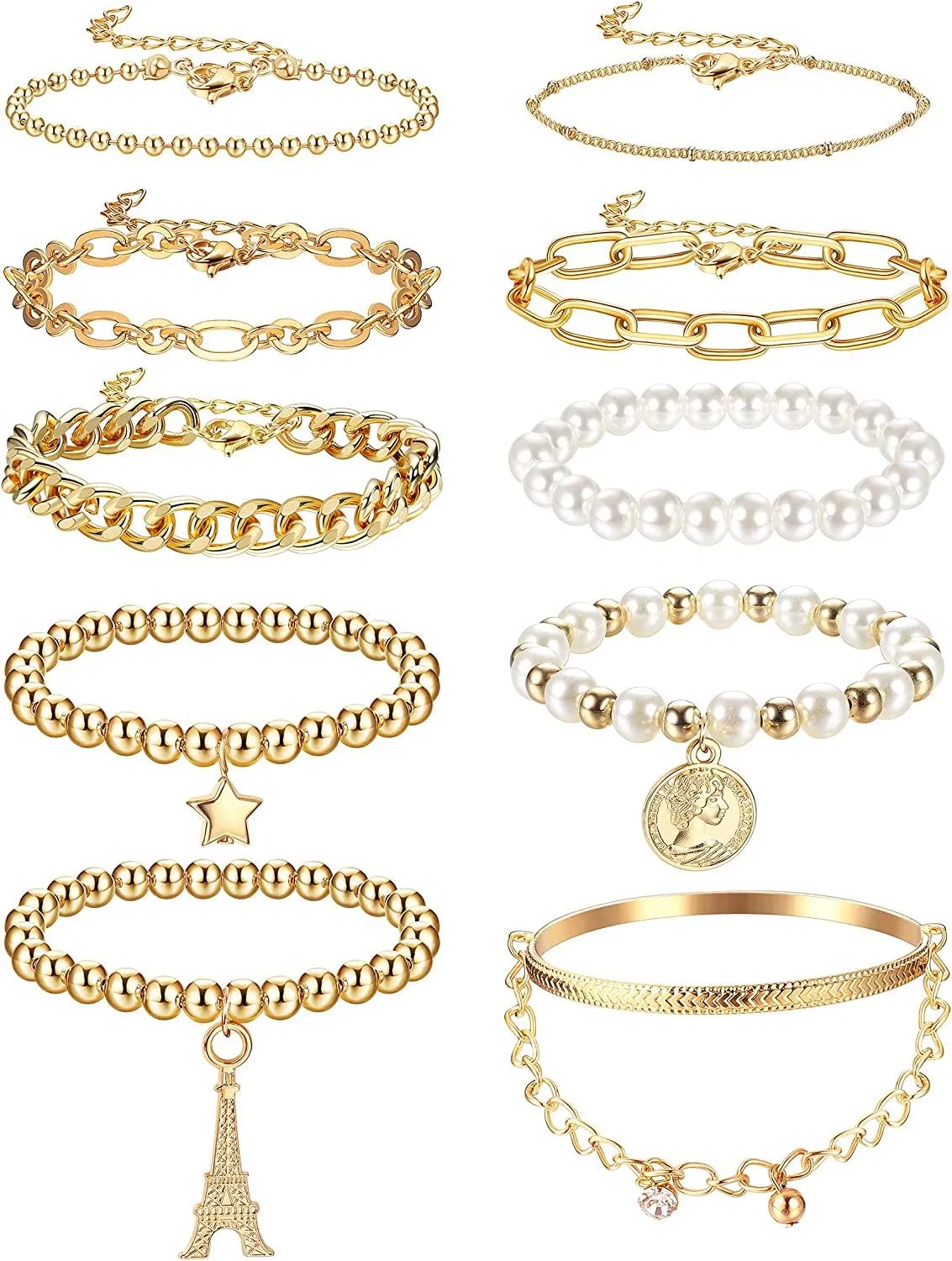 10pcs Kette Armbänder Set für Frauen Manschetten Armbänder einstellbar Dainty Paperclip Link Perlen Kuban Chunky Armbänder