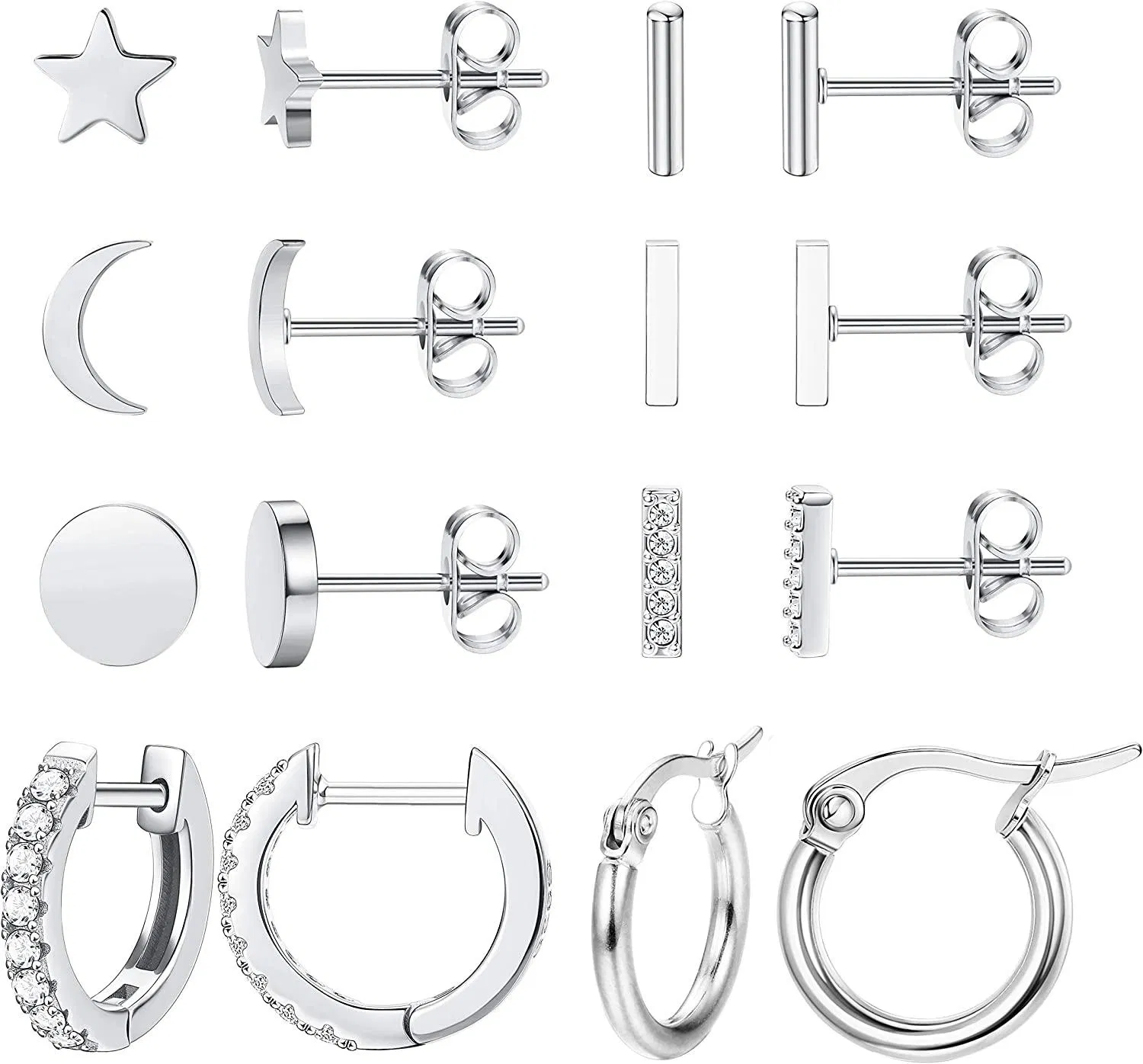 8 Paare Rostless Star Moon Stud Ohrringe für Frauen Cute Bar CZ Stud Hoop Ohrring Set