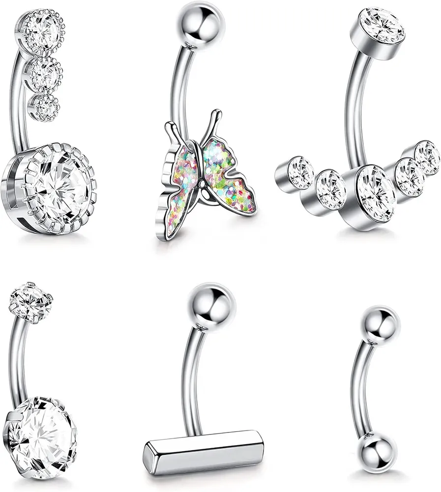Frauen 14G Bauchknopfringe Dangle 316L Suigical Sparked CZ Curved Butterfly Bar Nabelringe Daity Simple Barbell Belly Piercing 6Pcs