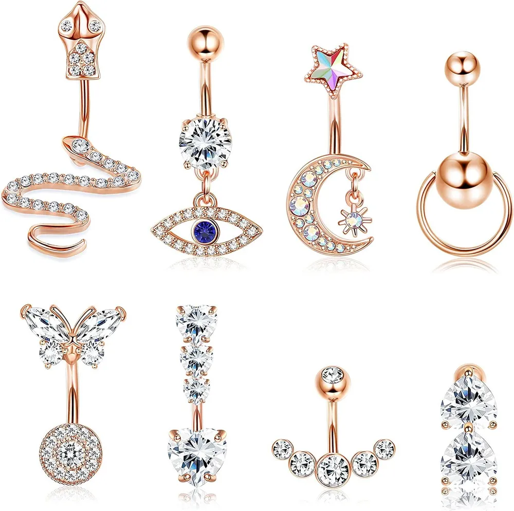 8pcs 14G Bauchnabel Bars Ringe Dangle für Frauen Chirurgische Schlange Clear CZ Piercing Dangly Navel Ringe Mond Navel Piercing für Frauen Kit