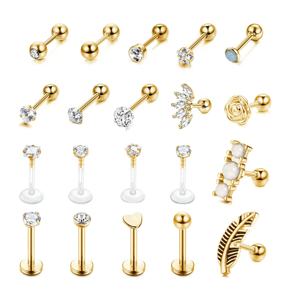 16G Edelknorpel Ohrringe für Frauen Männer Muschel Tragus Vorwärts Helix Piercing; CZ Herz Opal Blatt; Stump Ohrringe Knorpel Ohr Piercing 20 Stück