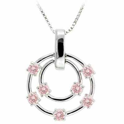 Sterling Silver Pink CZ Floating Double Circle Designer-Inspired Pendant