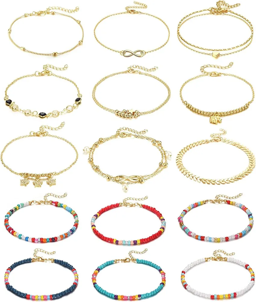 16Pcs 14K Gold Plated Cute Ankleber Armbänder Für Frauen Handgemachte Perlen Ankleber Adjustable Herzen Elephant Layered Ankleber Set Hypoallergen Gold Beach Foot Jewelry (8.6in-9.6in)