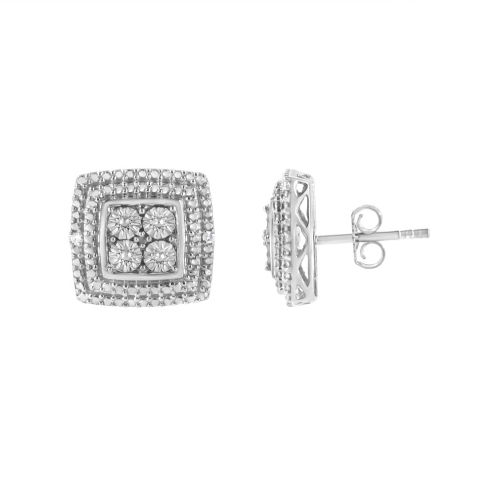 .925 Sterling Silber Diamant Accented Square Shaped Milgrain Stud Ohrringe (I-J Clarity, I3 Farbe)