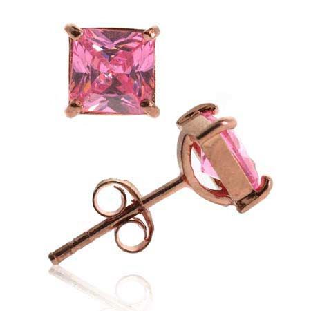 18K Rose Gold über Sterling Silber Pink CZ 6mm Square Stud Ohrringe