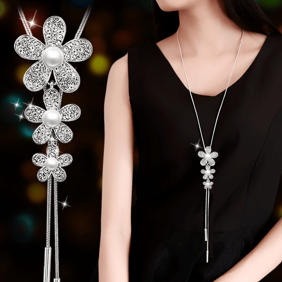 Drei Blumen Anhänger Lariat Halskette Eingezogen Faux Perlen Elegante lange Ketten Pullover Halskette Süße Geschenke für Freunde