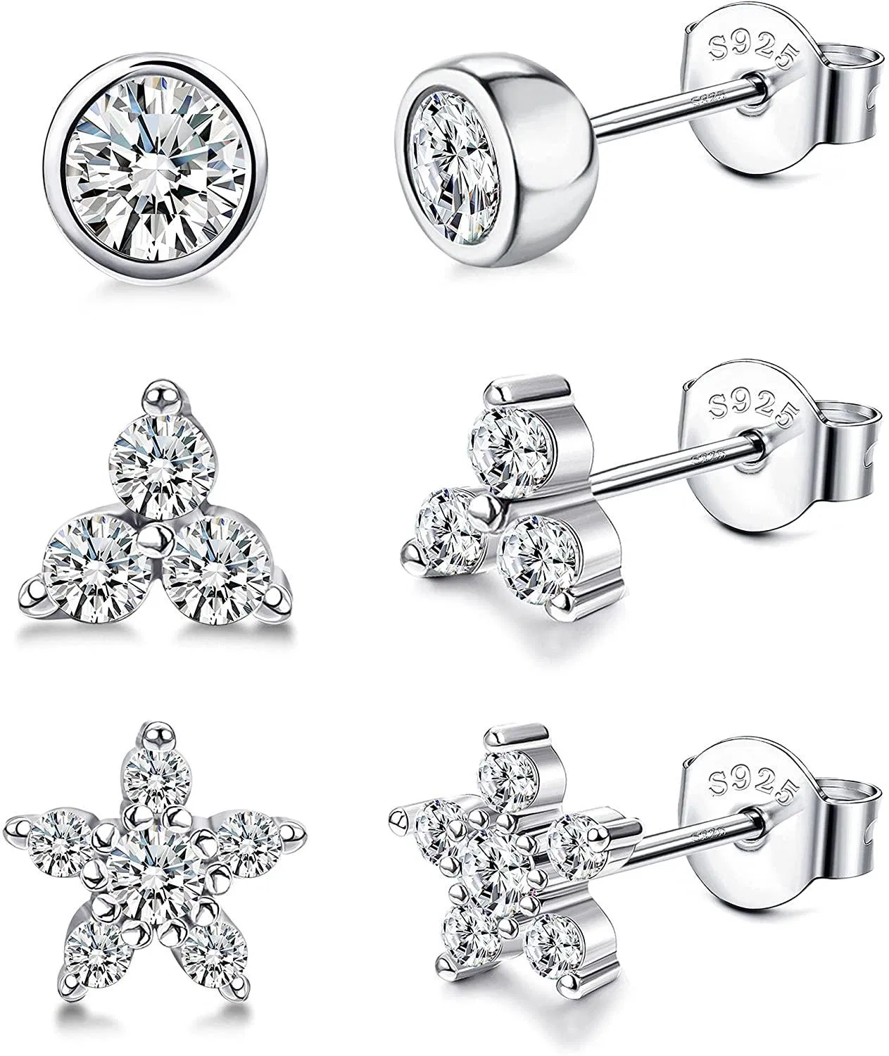 3 Paare 925 Sterling Silber kleine Stud Ohrringe für Frauen Mädchen Kubik Zirkonia winzige Punkt Blumen Studs kleine Knorpel Schlaf Ohrringe Set hypoallergen 3 / 4 / 5mm