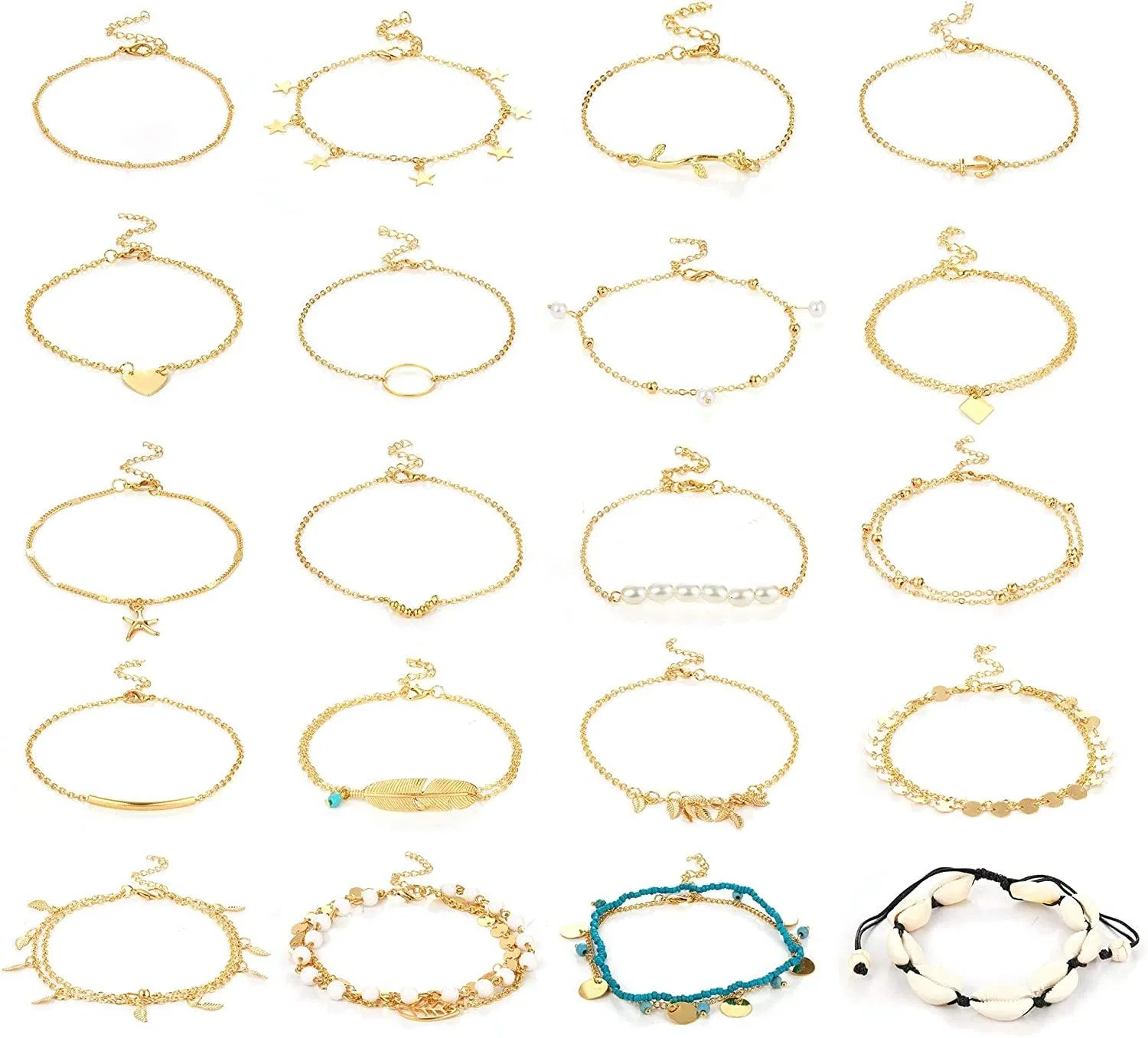 20PCS Knöchel-Armband für Frauen Teen Girls Hawaii Herz Bar Blatt Feder Perl-Stern Sequin Seestern Schichted Silber Gold Plated Ketten Ankleber Set Sexy Shell Beach Fuß-Armband Schmuck