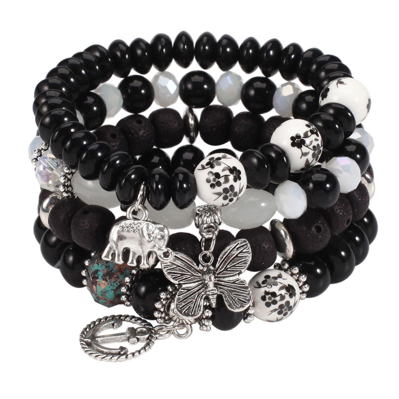 Bohemian Layered Beaded Bracelet Elefant & Anker & Schmetterling Shape Pendant Stretch & Stackable All-Match - Armband Für Unisex Sommer Strand Schmuck Accessoires