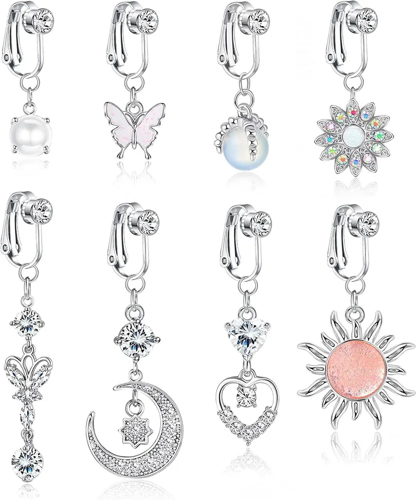 8Pcs Fake Belly Ring für Frauen Clip auf Bauchknopf Ringe CZ Opal Schmetterling Non-Piercing Dangle Nabel Ringe Fake Belly Piercing Schmuck
