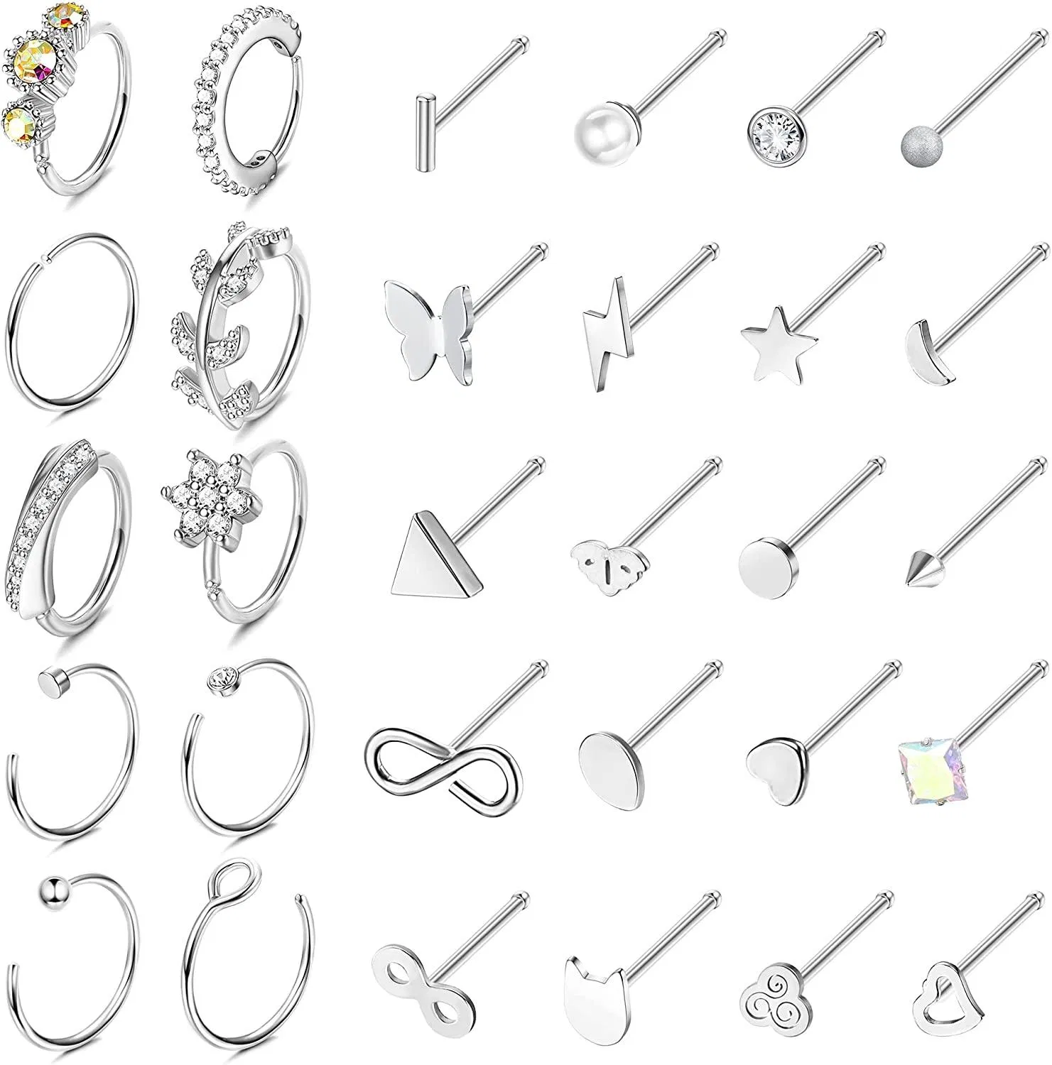 30pcs 20G Nasenringe Schreifen für Frauen Männer Nasenringe Studs Zirkon Eingezogen Edelstahl Gerade Form Nasen Studs Nasen Piercing Schmuck