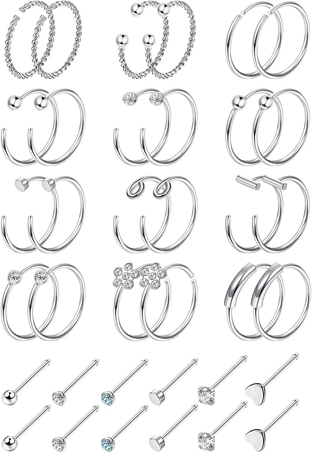 20G 36Pcs Nasenringe Schleife Edelstahl L Knochen Schraube geformte Nasen Studs CZ Tragus Knorpel Nasenring Labret Nasen Piercing für Männer Frauen
