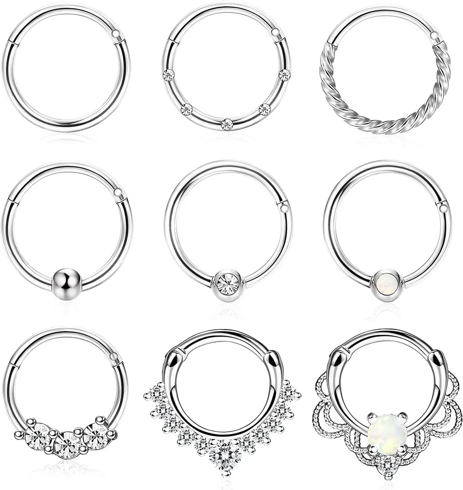 9pcs Septum 16G Daith Ohrringe Hoop Nose Ring für Frauen Männer CZ Opal Septum Clicker Hingeed Nose Ring 316L Edelstahl Knorpel Tragus Helix Piercing Septum Ringe