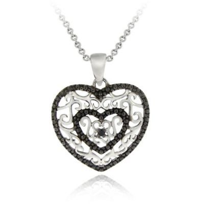 Sterling Silber Schwarz Diamant Akzent Filigree Herz Anhänger