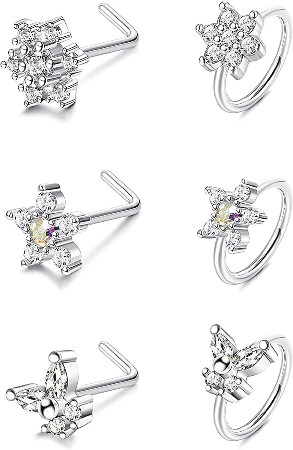 6pcs 20G Blume Nasenringe L-geformte Nasenringe Nasenhoop Piercing Ring Schneeflocken Nasen-Stamm Nasen-Hoop - Ringe Schmetterling CZ-Hoop - Nasen-Stamm für Frauen Männer