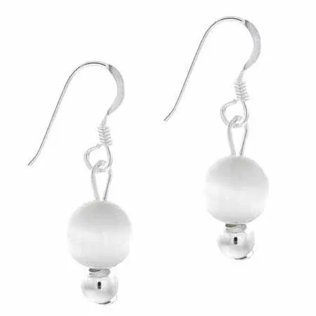Sterling Silber 6mm Weiße Katzen Augen Perlen Dangle Ohrringe