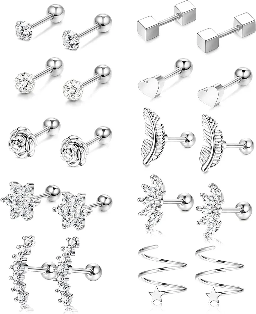 10 Paare 18G Edelstahl Ohrknorpel Ohrringe für Frauen Tragus Helix Barbell Herz Blumen Federn CZ Stud Ohr Piercing Schmuck